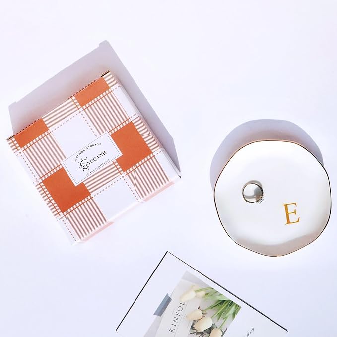 Ceramic Jewelry Tray Initial Ring Dish Personalized E-Monogrammed Engagement Wedding Gifts, for Birthday Mother's Day Christmas for Women, Ceramic White 4.75" (E)