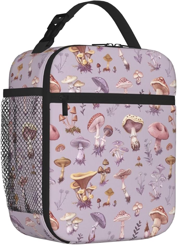 SUPLUCHOM Lunch Bag Mushrooms Vintage Botanical Insulated Box Reusable with Side Pocket for Girl Boy Women Men Work School Picnic Hiking Daytrip Over 3 Years Old
