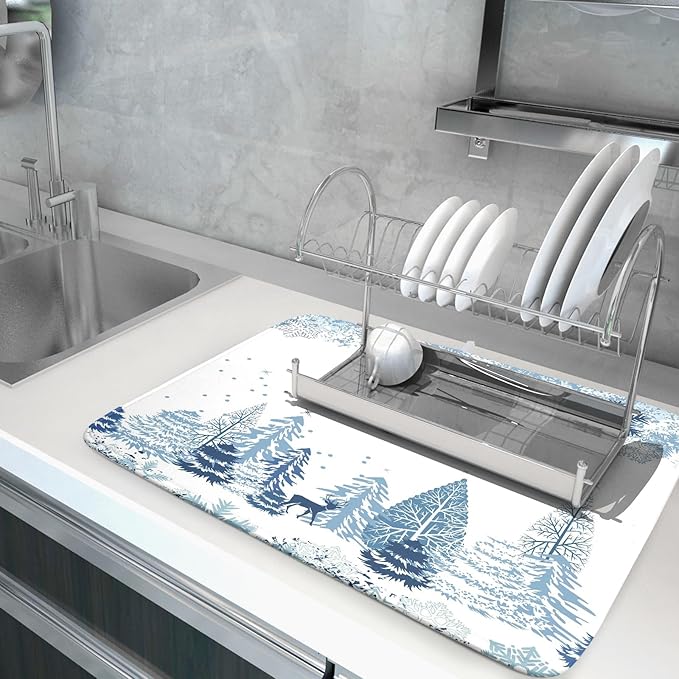 Winter Blue Snowflake Dish Drying Mat Christmas Tree Kitchen Counter Dish Drainer Mats Xmas Forest Deer Moose Dish Dry Pad Bottles Protector for Kitchen Countertop Coffee Bar, 18x24 inch Large