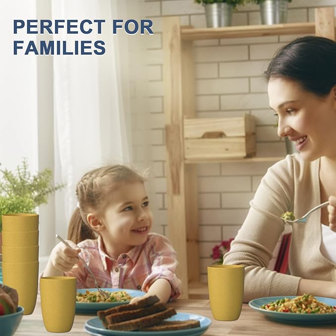 Wheat Straw Cups 6 PCS Good Alternative to Plastic Reusable Cups 12 oz Unbreakable Drinking Cup Reusable Dishwasher Safe Water Plastic Glasses Yellow