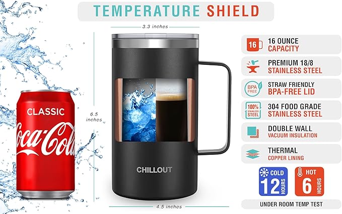 CHILLOUT LIFE Stainless Steel 20 oz Vacuum Insulated Coffee Mug with Handle and Lid, Large Thermal Camping Coffee Mug Cup with Durable Sliding Lid for Men & Women, Keeps your Beverages Hot/Cold