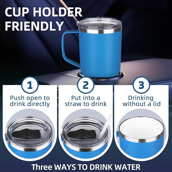 20 oz Insulated Coffee Mug with Ceramic Coating, Stainless Steel Travel Mug Tumbler with Handle Lid and Straw, Double Wall Leak-Proof Coffee Travel Mug Keeps Drink Hot and Cold (Blue)