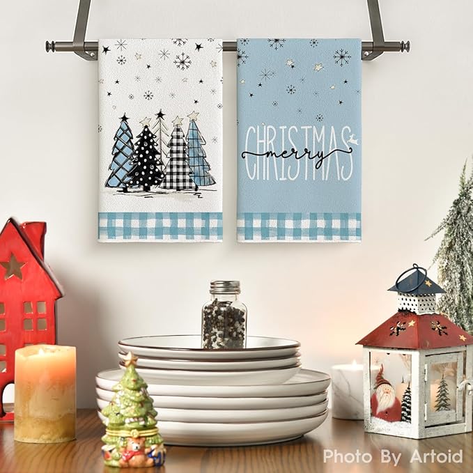 Artoid Mode Blue Xmas Tree Merry Christmas Kitchen Towels Dish Towels, 18x26 Inch Buffalo Plaid Snowflakes Winter Decoration Hand Towels Set of 2