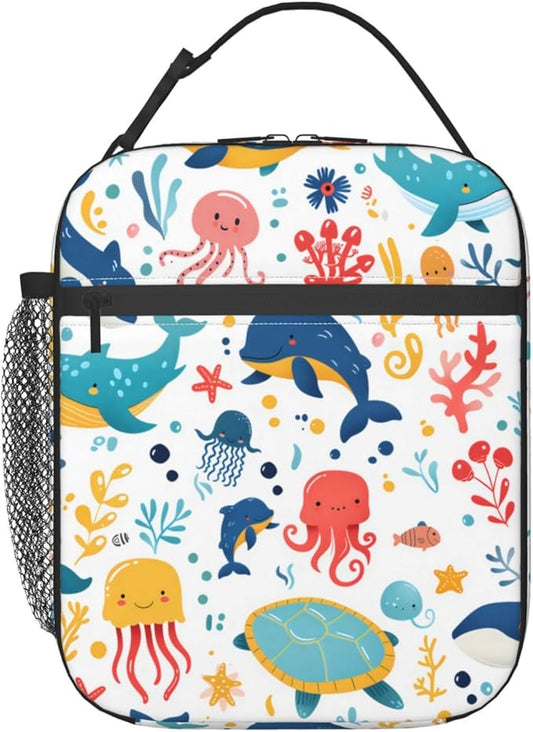 Sea Animal Lunch Box for Kids,Whale Octopus Turtle Insulated Bag for Student,Colorful Marine Life Reusable Thermal Insulation Cooler Tote Bags for School Work Picnic Camping Outdoor Gifts