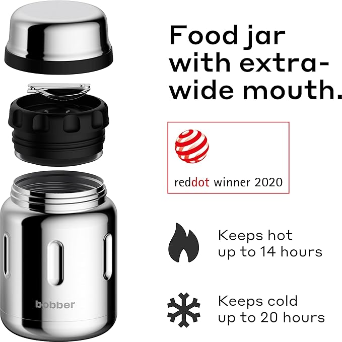 BOBBER 24 Oz Stainless Steel Thermos Food Jar with Folding Spoon and Extra-Wide Mouth – Insulated Soup Thermos for Hot Food, Keeps Hot for 14 Hours and Cold for 20 Hours (Glossy)