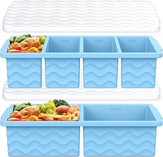 Silicone Freezer Molds for Soup with Lid, 1-Cup & 2-Cup Large Ice Cube Trays Food Storage Containers for Meal Prep, Freeze 250mL/125mL Portions – 2 Pack