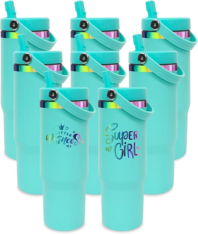 30 oz Tumbler Bulk with Handle and Straw, Vacuum Insulated Tumblers with Flip Straw and Top Handle, Leakproof Powder Coated Tumbler, Stainless Steel Travel Mug for Coffee Water (Blue, 8 Pack)