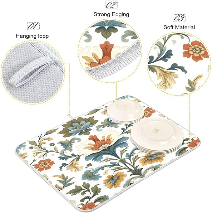 Vintage Colorful Flowers Dish Drying Mat for Kitchen Counter Super Absorbent Dishes Pad Reversible Microfiber Protector Dish Draining Mats 16x18 inch