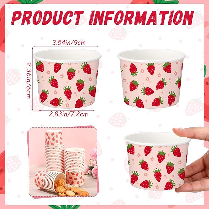 50 Pack Strawberry Ice Cream Cups 9 oz Red Strawberry Disposable Dessert Bowls Paper Soup Bowls Summer Fruit Party Supplies for Hot or Cold Food Sweet One First Birthday Baby Shower Party