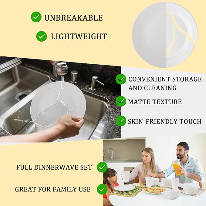 40 PCS Premium Wheat Straw Dinnerware Sets for 8, Unbreakable and Lightweight Dinner Plates,Microwave Safe Plates and Bowls Sets for Kitchen,Picnic and Party,Cereal & Salad Bowls,Water Glasses(Beige)