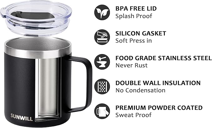 SUNWILL Travel Coffee Mug with Lid, Insulated Tumbler with Handle, 14oz Stainless Steel Cup for Camping, Outdoor, Powder Coated Black