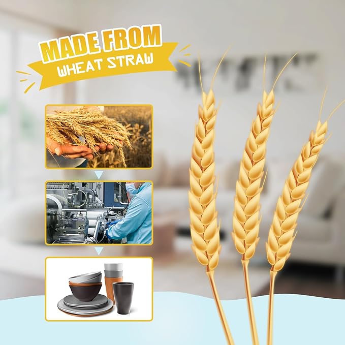 Teivio 32-Piece Kitchen Plastic Wheat Straw Dinnerware Set, Service for 8, Dinner Plates, Dessert Plate, Cereal Bowls, Cups, Unbreakable Plastic Outdoor Camping Dishes, Smoky Brown