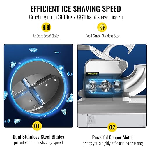 VEVOR 110V Commercial Ice Crusher 661LBS/H, ETL Approved 300W Electric Snow Cone Machine with Dual Blades, Stainless Steel Shaved Ice Machine with Safety On/Off Switch for Family, Restaurants, Bars