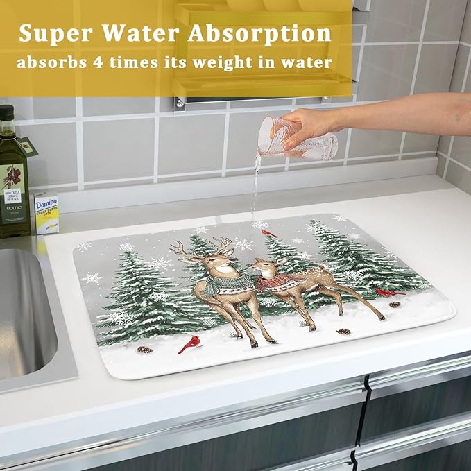 Winter Deer Dish Drying Mat Pine Tree Absorbent Dish Dry Pad Seasonal Microfiber Dish Drainer Mats for Kitchen Counter Coffee Bar 18x24 in