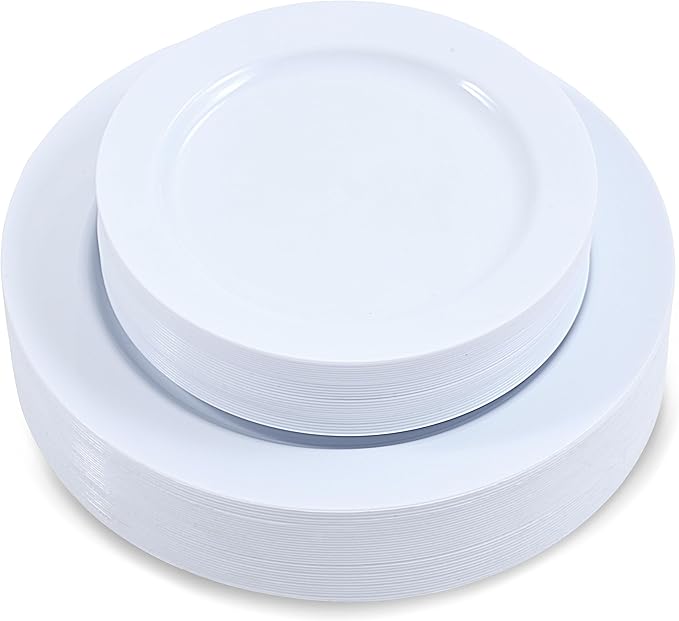 60 Pieces White Plastic Disposable Plates - Premium Heavy-Duty 30 Dinner Plates & 30 Salad Plates with White Rim Ideal for Party, Birthday and Special Events