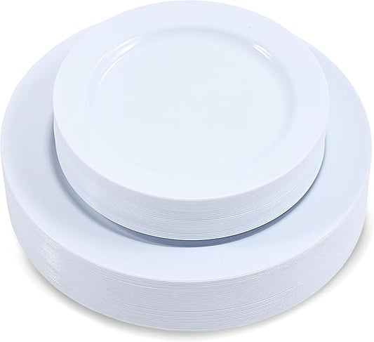60 Pieces White Plastic Disposable Plates - Premium Heavy-Duty 30 Dinner Plates & 30 Salad Plates with White Rim Ideal for Party, Birthday and Special Events