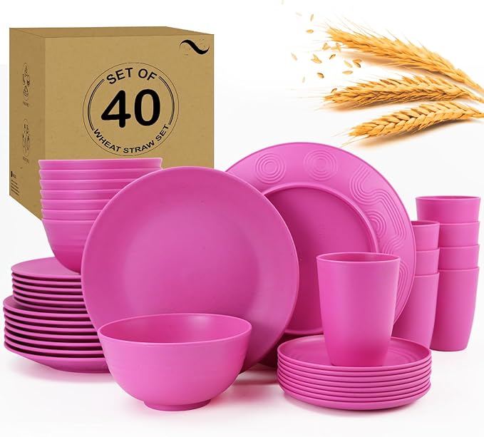Wheat Straw Dishes Set 40 PCS,Shatterproof Dinnerware Sets for 8,Microwave Safe Dining Set,Plate Sets,Bowl Sets,Stackable and Lightweight Dinner Plates for RVs,Camping,Travel (Pink Matte)