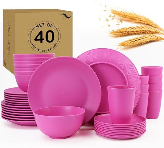 Wheat Straw Dishes Set 40 PCS,Shatterproof Dinnerware Sets for 8,Microwave Safe Dining Set,Plate Sets,Bowl Sets,Stackable and Lightweight Dinner Plates for RVs,Camping,Travel (Pink Matte)