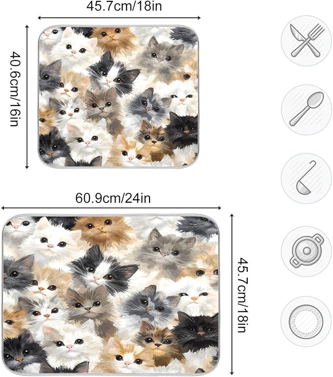 Cat Faces Pattern Dish Drying Mat for Kitchen Counter Super Absorbent Dishes Pad Reversible Microfiber Protector Dish Draining Mats 18x24 inch