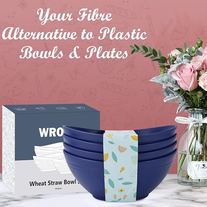 Wrova 65oz Large Salad Bowls Deep Blue - Wheat Straw Serving Bowls Set of 4 - Unbreakable Serving Bowls Dishware & Microwave Safe - BPA Free Bowl for kitchen,camping