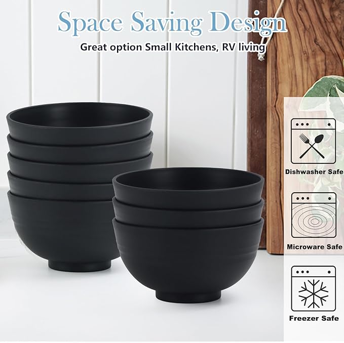 Wheat Straw Bowls Set of 8,10 OZ Small Bowls,Kids Bowls,Cereal Bowls,Plastic Bowls Reusable,Unbreakable Ice Cream Bowls for Dessert,Snack,BPA-Free,Dishwasher & Microwave Safe Bowls for Kitchen,Black