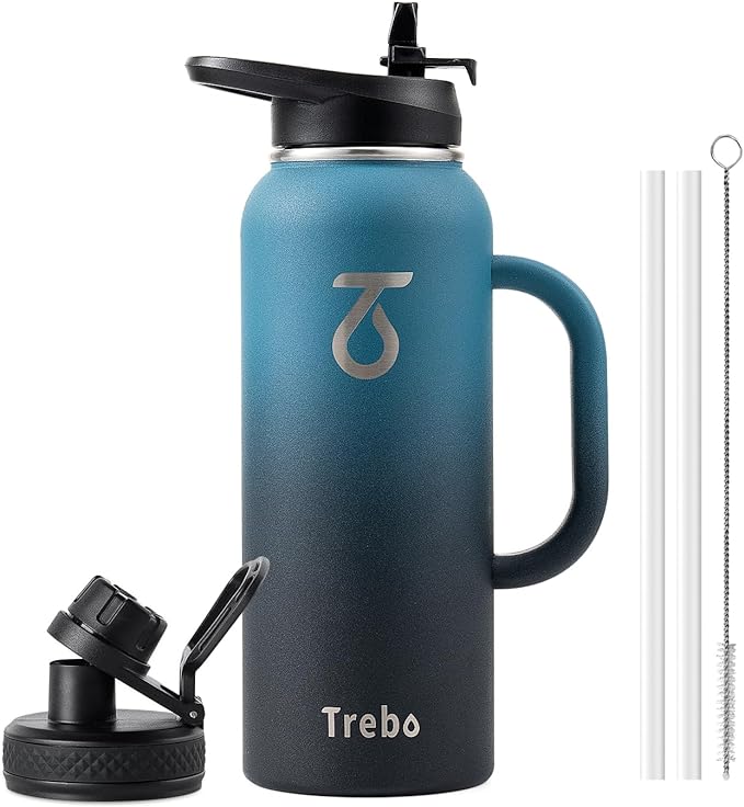 Trebo 40oz Water Bottle Insulated with Handle, Stainless Steel Metal Large Jug,Travel Flask with Straw Spout Lid,Mug Tumbler Cup with Carry Pouch,Keep Cold Hot, Indigo Black