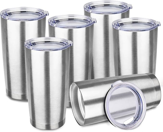 StarSpeed 20oz Tumbler Bulk with Lid, Stainless Steel Insulated Tumblers Double Wall Vacuum Insulated Travel Mug, Powder Coated Coffee Cups for Hot and Cold Drinks(Silver,6)