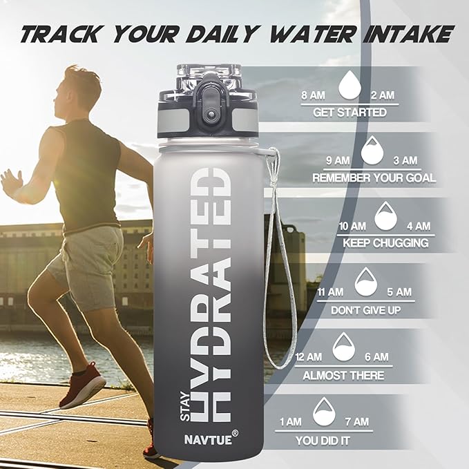 Water Bottle with Carrier Bag, 32 oz Sports Water Bottles with Time Marker Wide Mouth, Motivational and Leakproof Drink Bottle, BPA Free Tritan with Carry Strap for Gym Fitness Outdoor