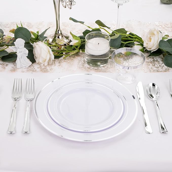 bUCLA 150-Piece Silver Disposable Dinnerware Set - White Plastic Plates with Silver Rim - Include 25 Dinner Plates, 25 Dessert Plates, 25 Forks, 25 Knives, 25 Spoons & 25 Cups for Party & Christmas