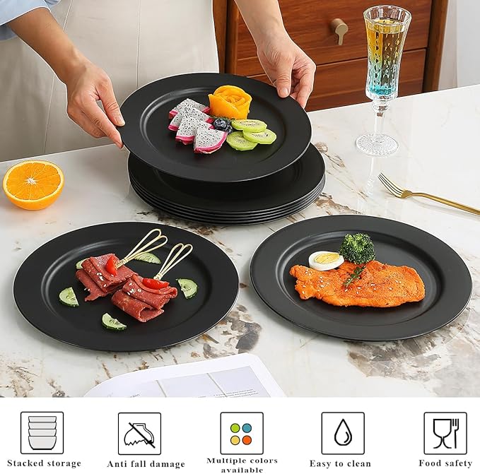 Berglander Black Plastic Plates Set of 8 Pieces 10", Reusable Flat Dinner Plates, Salad Plates, Pasta Bowls, Dishes Set Easy to Carry for Home, Garden, Picnic, Camping, Outdoor