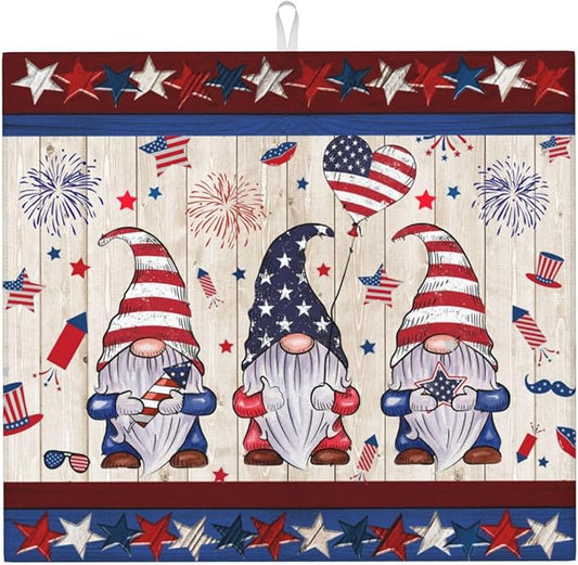 Patriotic Farmhouse Gnome July 4th American Wooden Drying Mat 16x18 Inch For Kitchen Counter Drying Mats Dish For Kitchen Counter Easy Clean Kitchen