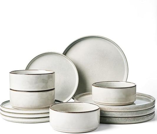 Famiware Annecy Plates and Bowls Sets, 12 Pieces Dinnerware Sets, Microwave and Dishwasher Safe Dishes Set for 4, Chip and Scratch Resistant, Grey-White