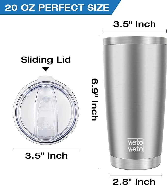 WETOWETO 20oz Tumbler, Stainless Steel Vacuum Insulated Coffee Travel Mug, Double Wall Powder Coated Insulated Coffee Mug Travel Mug with Lid Thermal Cup for Outdoor, Stainless steel, 6 Pack