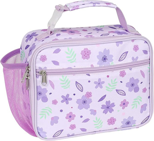 Bagseri Kids Lunch Bag for Girls - Insulated Kids Lunch Box for Daycare and School Reusable Meal Tote Bag with Water Bottle Holder, Easy-Clean Water-Resistant Fabric, Purple Floral