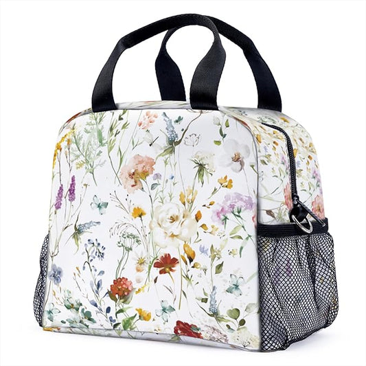 Wildflower Garden Flowers Floral Boho Watercolor Flower Lunch Bag for Women Men Cute Large Capacity Thermal Lunch Tote Reusable Washable with Adjustable Shoulder Strap and Dual Large Mesh Side Pockets