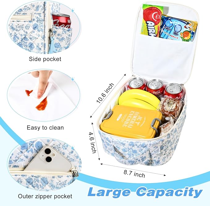 Aileam Lunch Box Lunch Bag for Women Cute Girls Insulated Womens Lunch Bag For Work Quilted Large Capacity Reusable Insulated Cooler for Work School Picnic Travel, Blue Flower