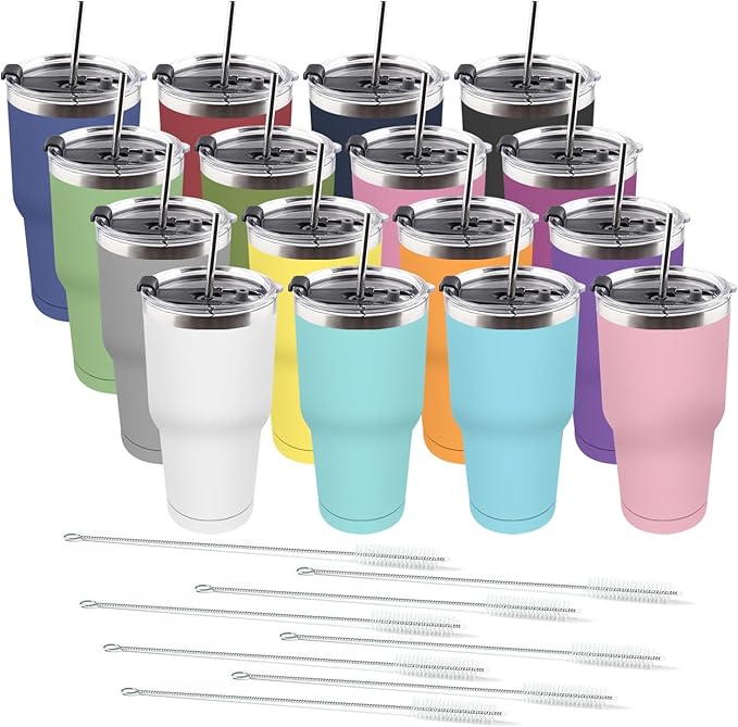 Amtidy 16 Pack 30oz Travel Mug, Powder Coated Stainless Steel Vacuum Double Wall Bulk Tumbler, Durable Insulated with Splash Proof Lids straw and cleaning brush，for Home, Office, Party