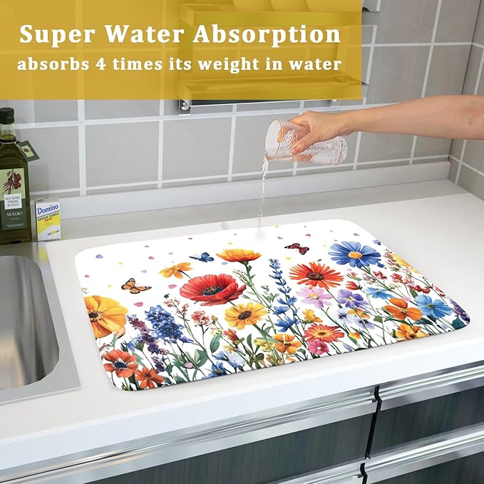 Watercolor Flower Dish Drying Mat 18x24 Inch Floral Butterfly Dish Drainer Protector Pad Washable Reversible Kitchen Counter Dish Dry Pad