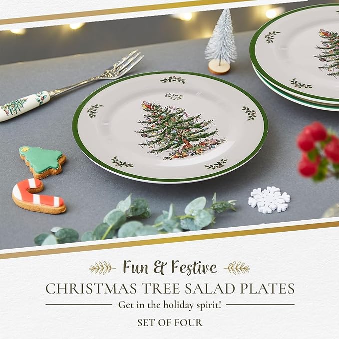 Spode Christmas Tree Melamine Salad Plate (Set of 4) - 8 Inch Shatterproof Serving Plate for Holiday Meals, Holiday Party - Festive Tableware for Indoor & Outdoor Use, Dishwasher Safe Dinnerware
