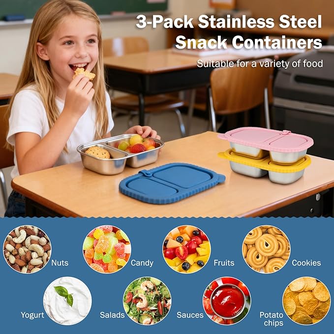 3 Pack Stainless Steel Snack Containers with Lids, Reusable 2 Compartment Food Storage Containers, Portable Bento Lunch Snack Boxes for Home, Travel, Outdoor and Camping