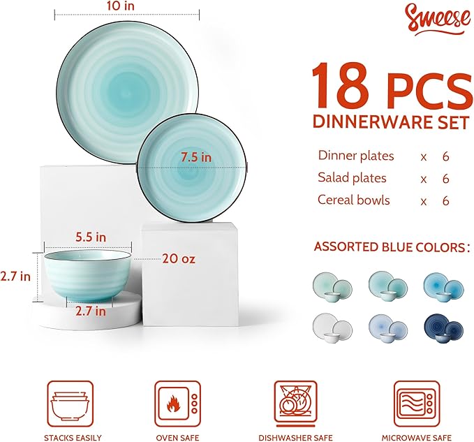 Sweese Plates and Bowls Sets, 18 Piece Dinnerware Set Porcelain Round Dinner Set for 6, Scratch Resistant Dishes Set, Dishwasher and Oven Microwave Safe Handpainted Swirl Dishware Sets, Assorted Blue