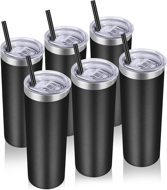 VEGOND Stainless Steel Tumblers Bulk 6 Pack, 20 oz Vacuum Insulated Skinny Tumblers with Lid and Straw, Double Wall Coffee Mug, Travel Water Cup, Black