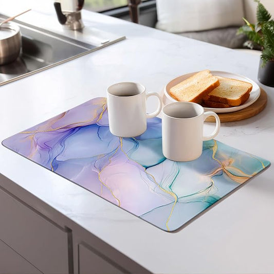 Bule Marble Dish Drying Mat for Kitchen Counter Microfiber Super Absorbent Non-Slip Dish Drying Pad for Countertops Dishes Utensils Stylish Quick-Dry Machine Washable 18x24 Inch