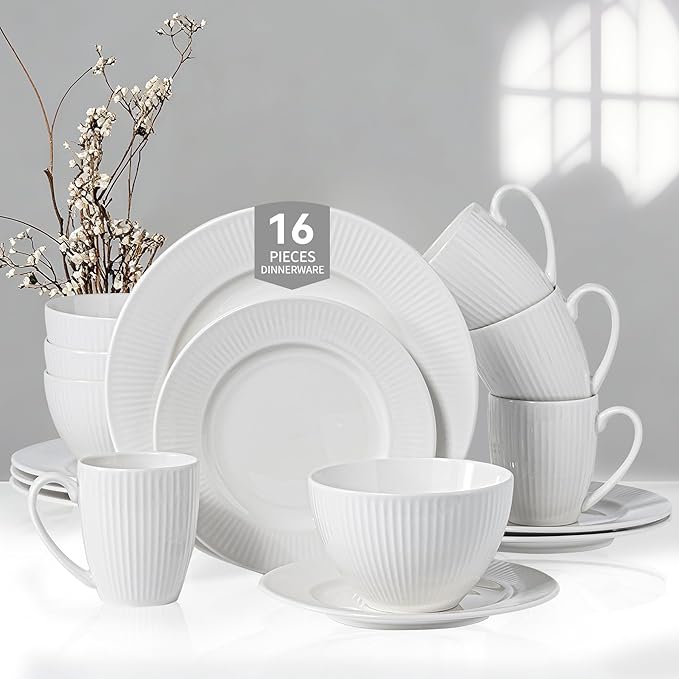 16 Piece Porcelain Dinnerware Sets for 4, White Plates and Bowls Sets with Mugs, Dishwasher and Microwave Safe - Embossed Stripe Decro, Elegant Kitchen Dish Sets, QOMO-1996