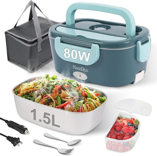 80W Electric Lunch Box for Adults, Portable Heated Lunch Box for Men, 1.5L Food Warmer Lunchbox for Car/Truck/Office, 12V/24V/110V Leak-Proof, Dishwasher-Safe with Insulated Bag (Minty Green)