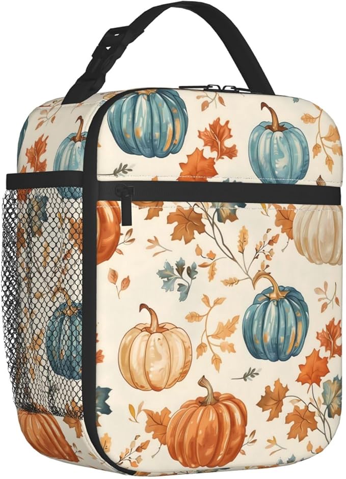Autumn Pumpkin Lunch Box for Women Girls, Insulated Cooler Fall Leaves and Pumpkins Lunch Bag for School, Picnic, Office, Travel, Work, Portable Reusable Polyester Thermal Tote Lunch Bags
