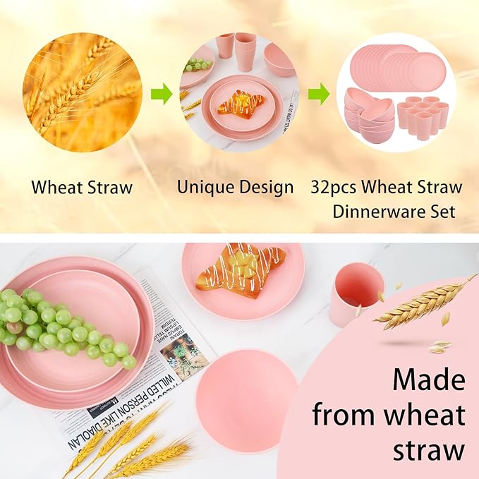 Supernal Pink Wheat Straw Dinnerware Sets,Unbreakable Dishes for 8, Plate and Bowls Sets, Reusable Plates, Microwave Dishwasher Safe Plates,Plastic Dinnerware Set, Pink Plastic Tableware
