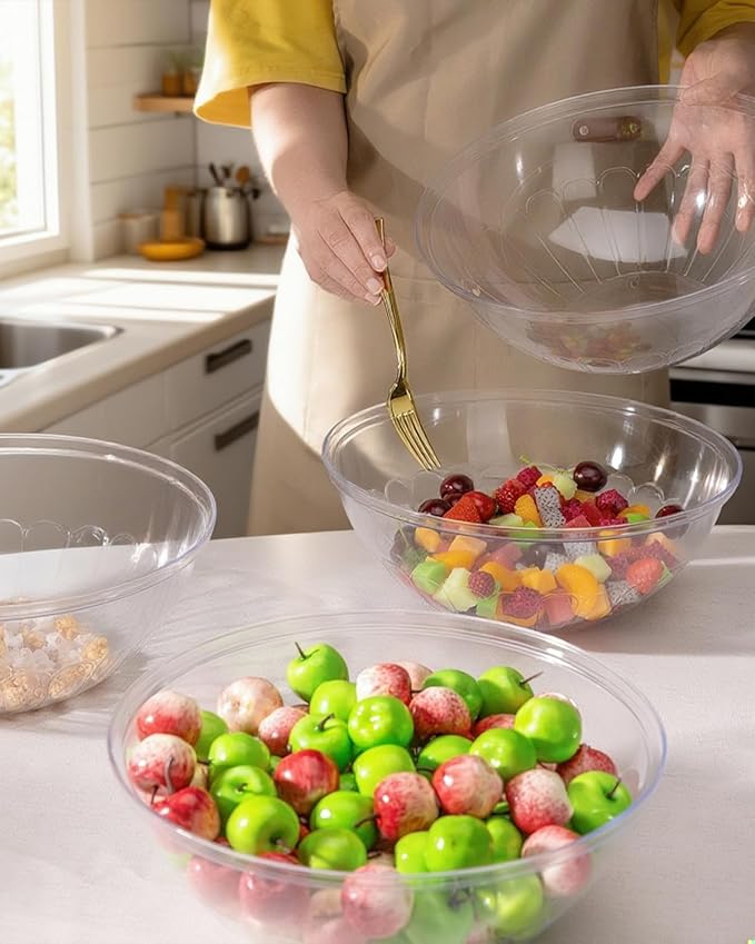 BESTVIP 4 Pack 150 Ounce Clear Plastic Serving Bowls, Disposable 11.6" Party Bowls for Chips/Salad/Candy/Snacks, Stackable Buffet Containers for Christmas, Holiday, Weddings, Showers/Events, Reusable