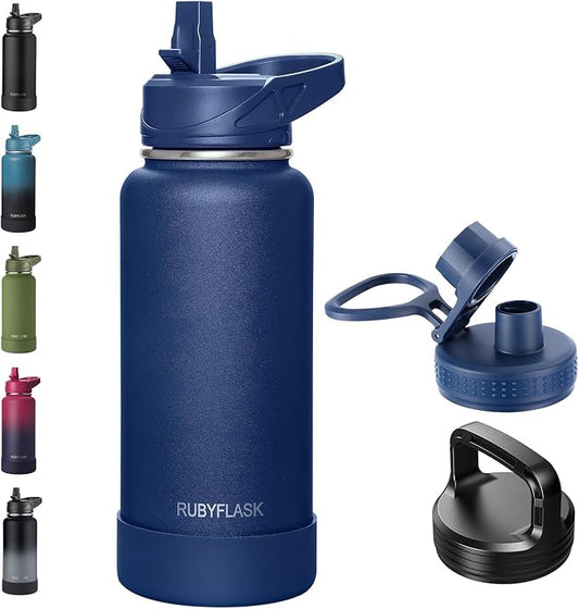 32oz Insulated Water Bottle with Straw, Stainless Steel Metal Vacuum Water Flask, Large Thermal Water bottle with Leakproof 3 Lids for Travel, Camping, Gym Sports Navy