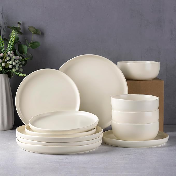 AmorArc Stoneware Dinnerware Sets, Wavy Rim Ceramic Plates and Bowls Sets, Highly Chip and Crack Resistant | Dishwasher & Microwave & Oven Safe Dishes set, Service for 4 (12pc)